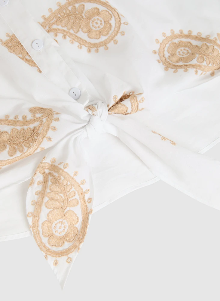 Paisley Embroidered Tie-Front Blouse