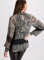 Scarf Print Mock Neck Blouse