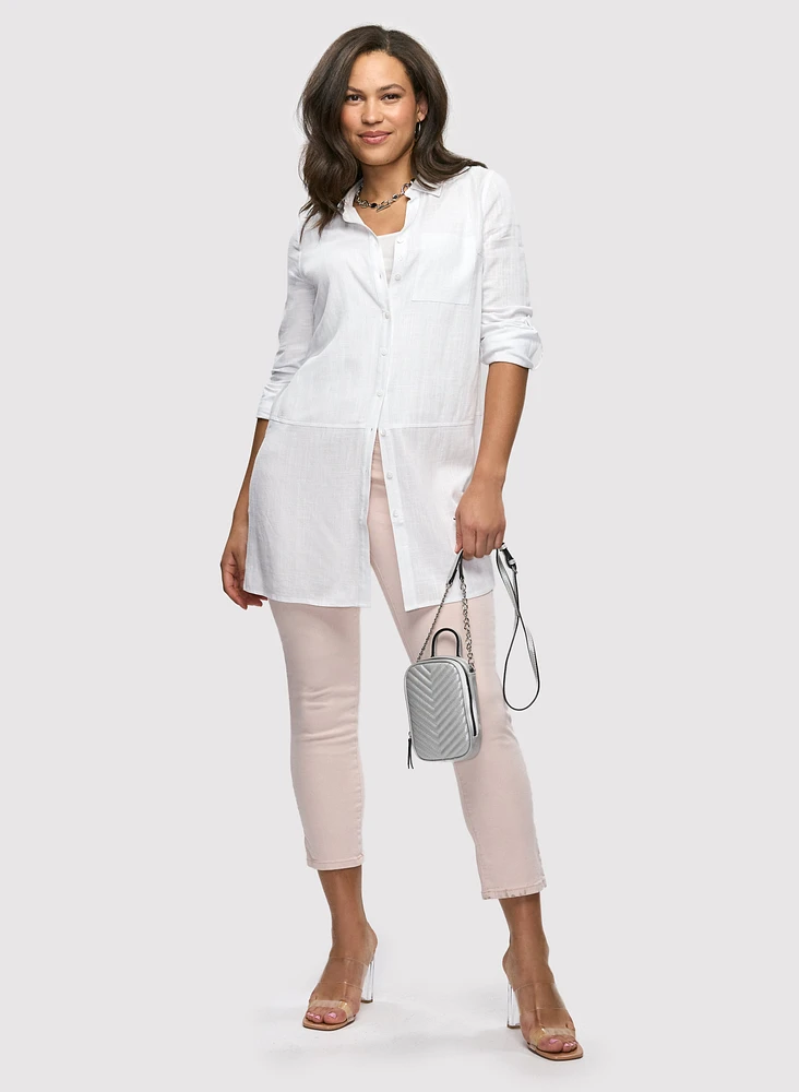 Button-Front Linen Tunic & Slim Leg Ankle Jeans