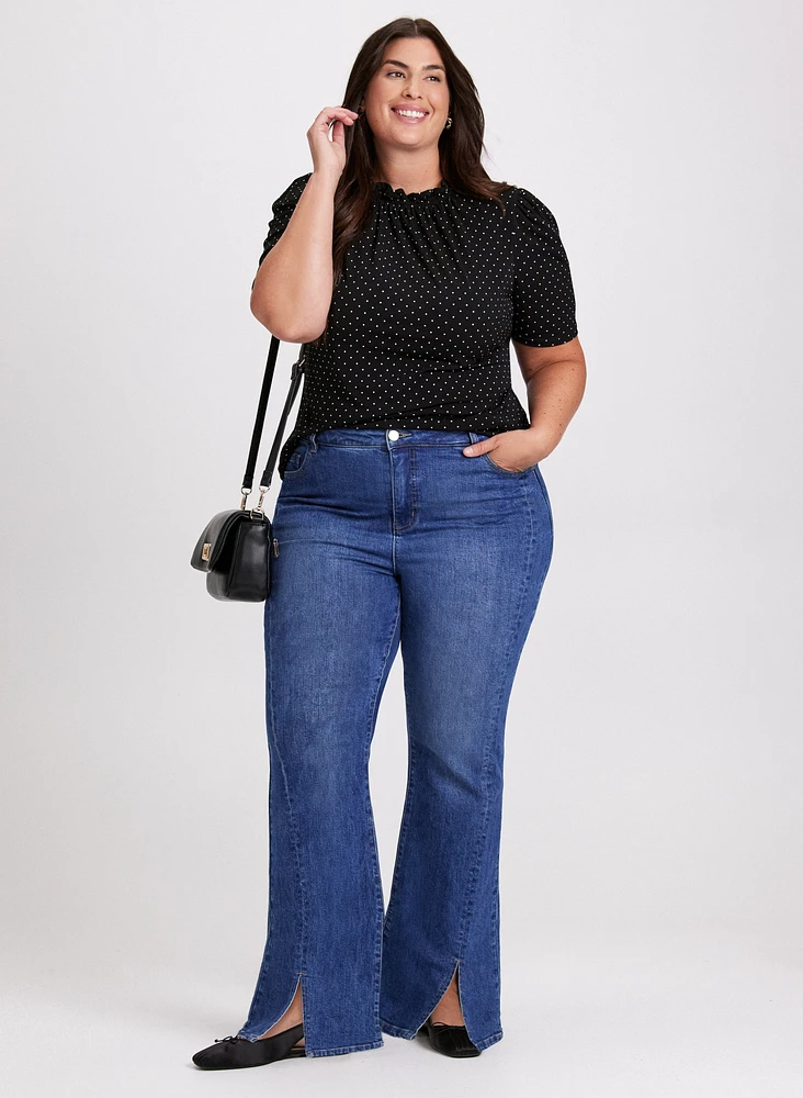 Polka Dot Pleated Mock Neck Top