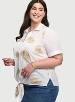 Paisley Embroidered Tie-Front Blouse