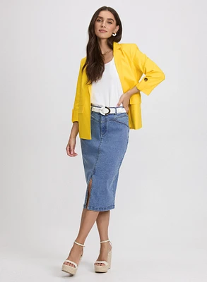 Linen-Blend Blazer & Denim Midi Skirt