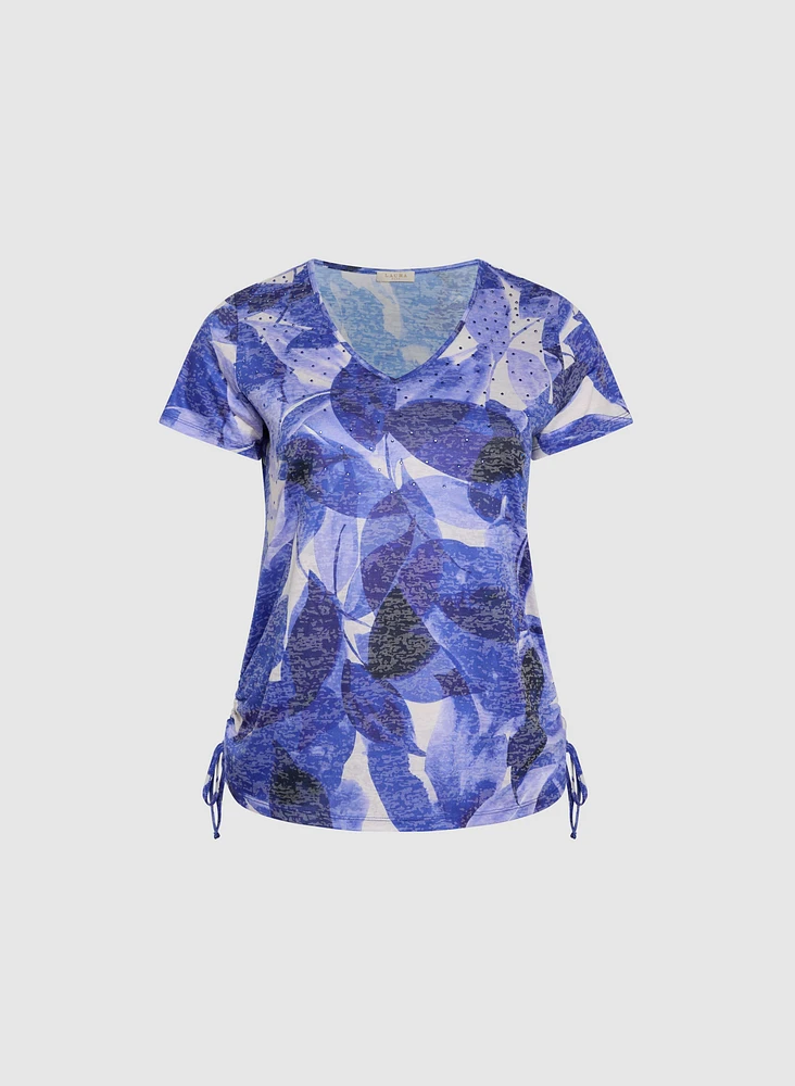 T-shirt à motif de feuilles embelli