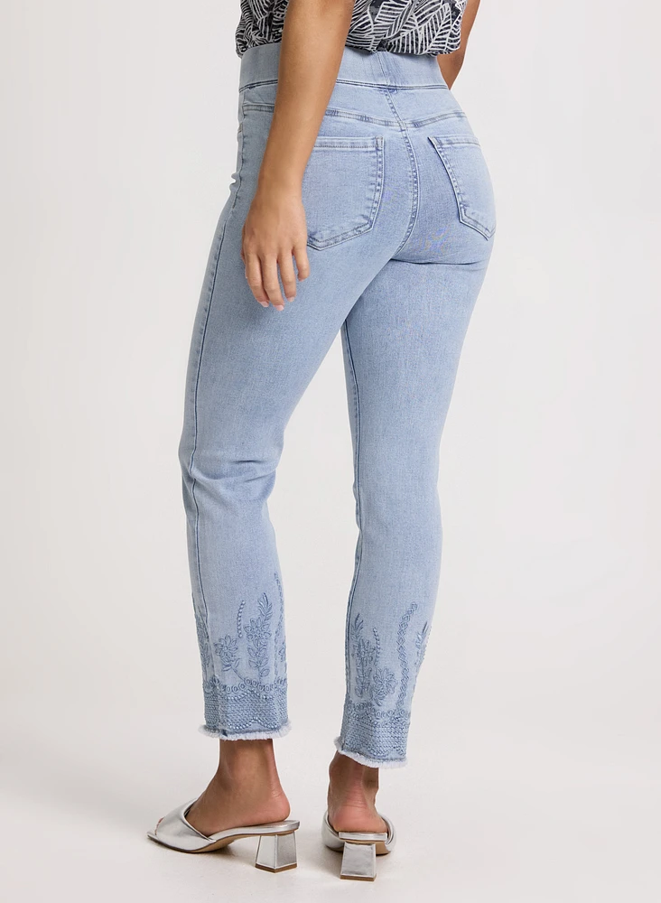 Pull-On Embroidered Hem Jeans