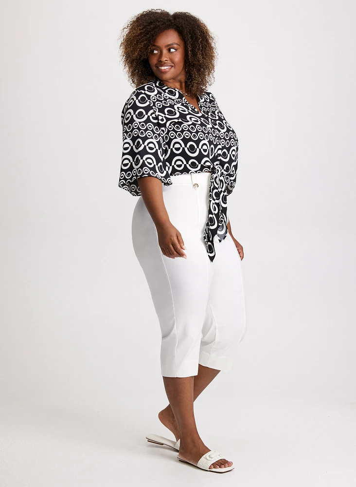 Tie-Front Geometric Print Blouse