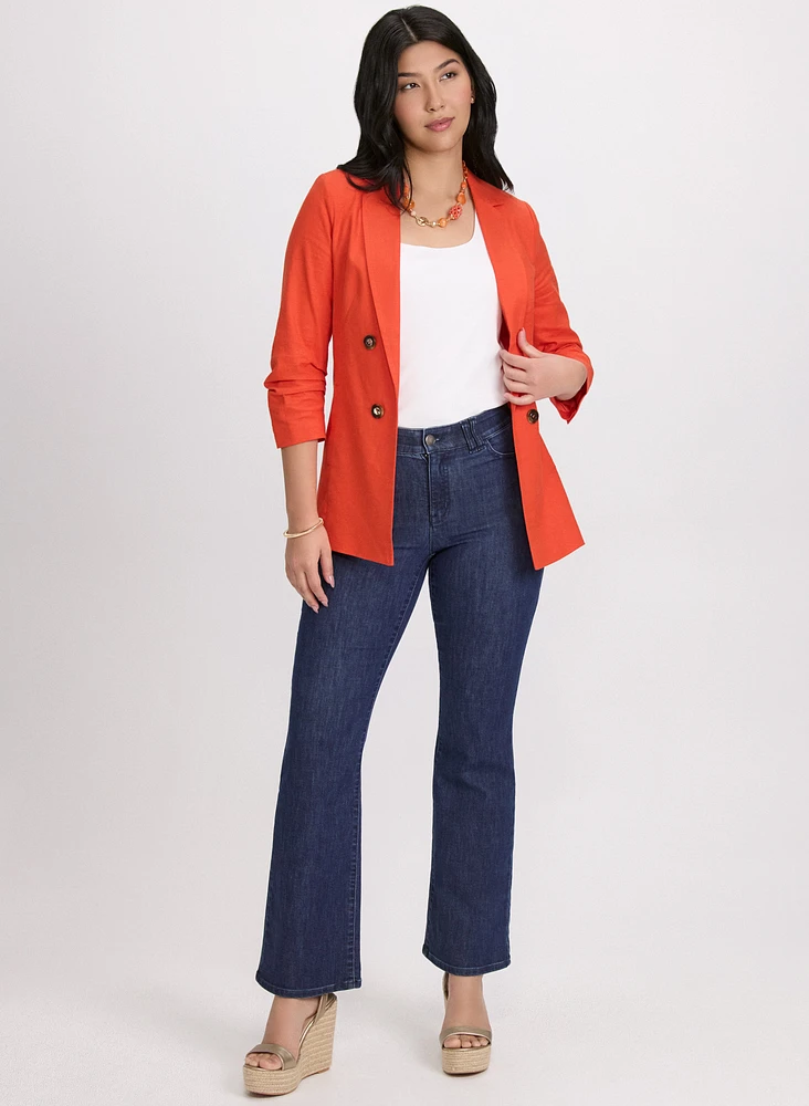 Linen-Blend Blazer & Flare Leg Jeans