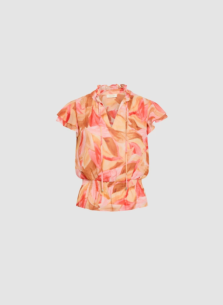 Tropical Print Tiered Sleeve Blouse