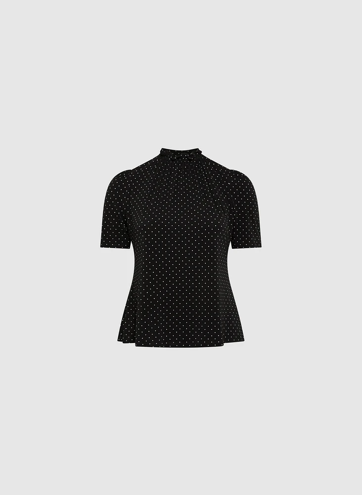 Polka Dot Pleated Mock Neck Top