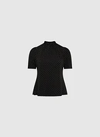 Polka Dot Pleated Mock Neck Top