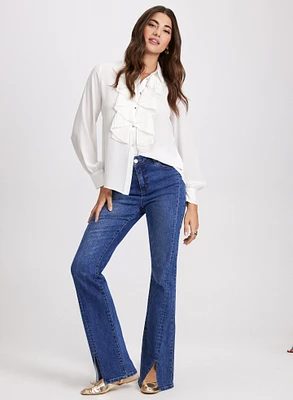 Blouse plissée et jean évasé