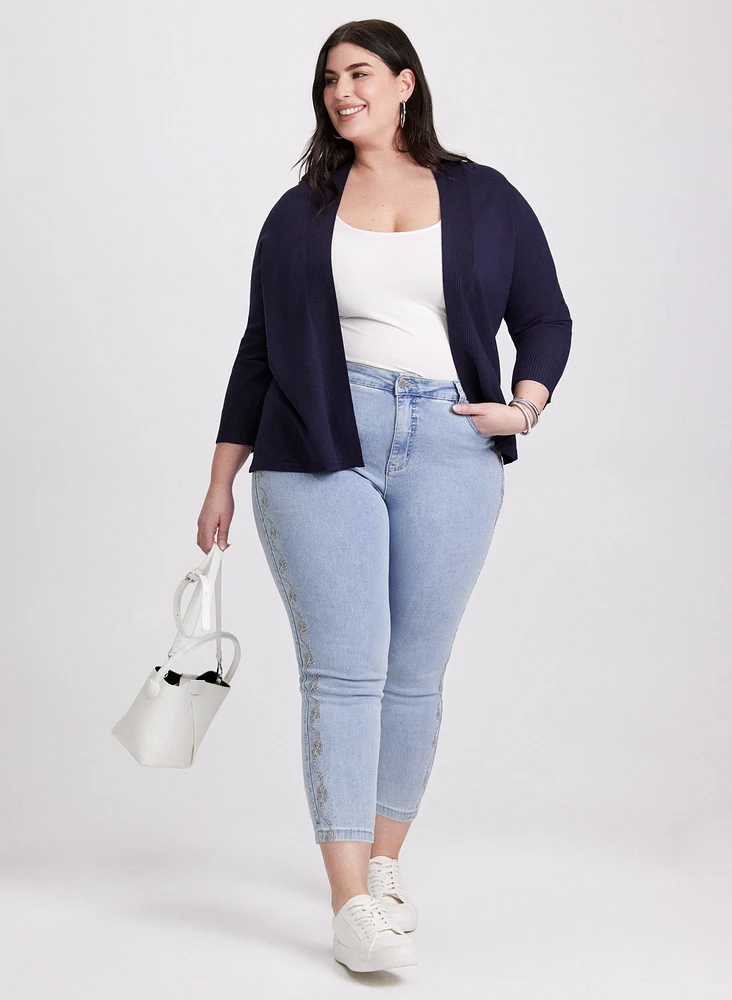 Ribbed Trim Open-Front Cardigan