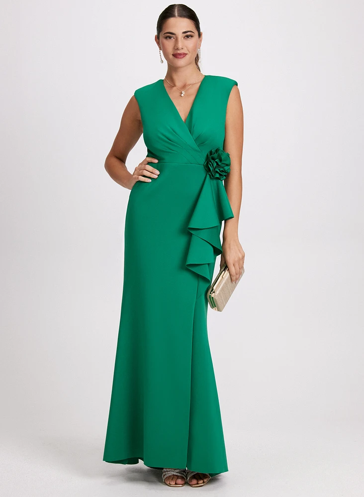 Flower Detail Crossneck Evening Dress