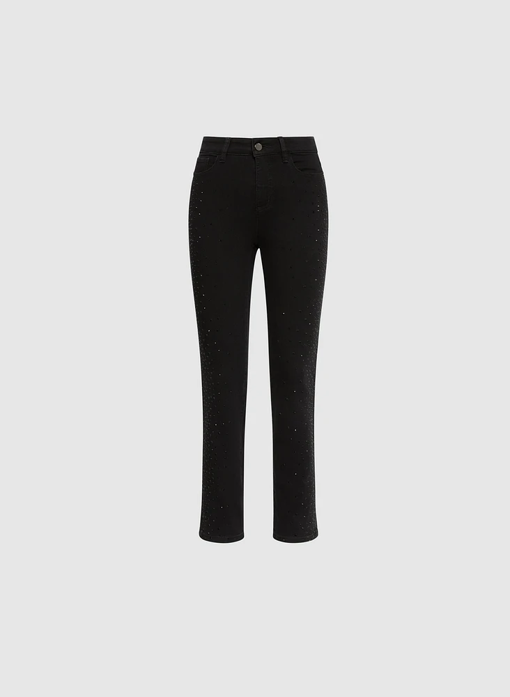 Rhinestone Trim Straight-Leg Jeans