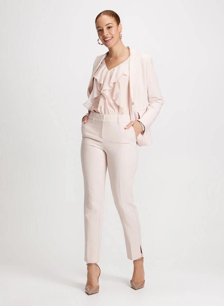 Single Button Jacket, Sleeveless Ruffle Top & City Fit Pants