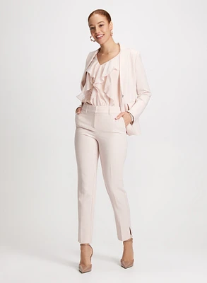 Single Button Jacket, Sleeveless Ruffle Top & City Fit Pants