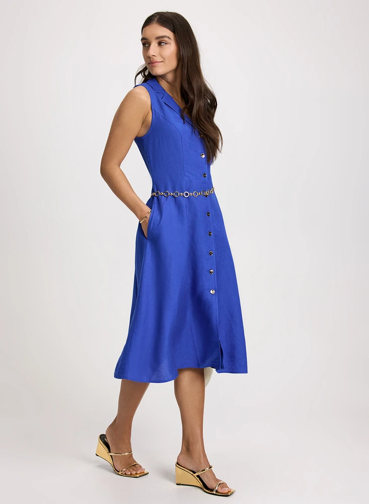 Linen-Blend Midi Shirt Dress