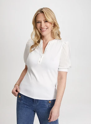 Puff-Sleeve V-Neck T-Shirt