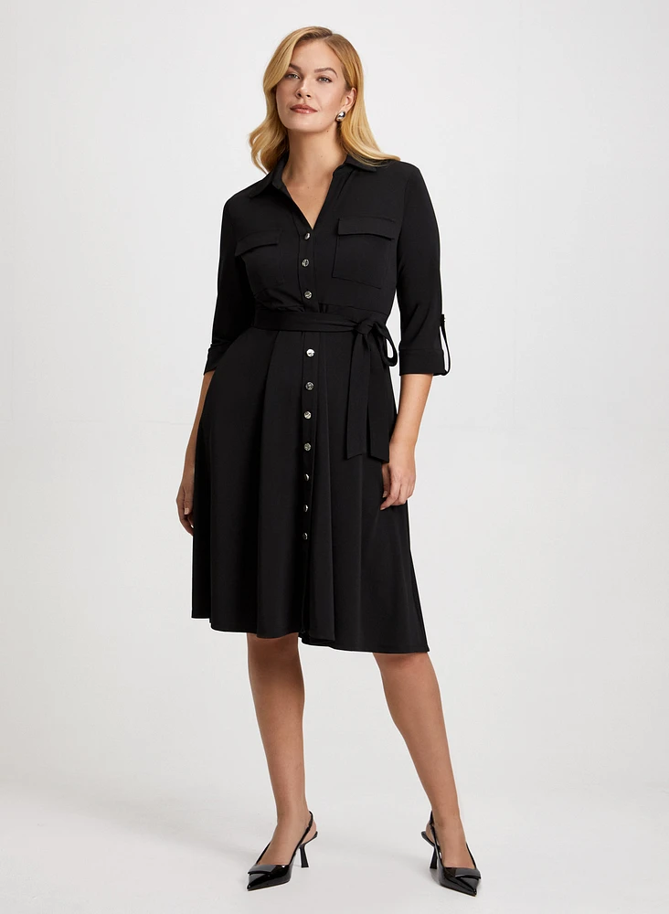 Button Front Dress & Dome Earrings