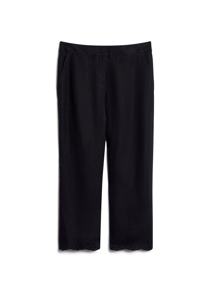 Eyelet Trim Linen-Blend Pants