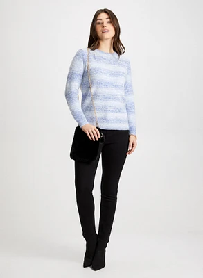 Striped Sweater, Jeans & Faux Fur Bag