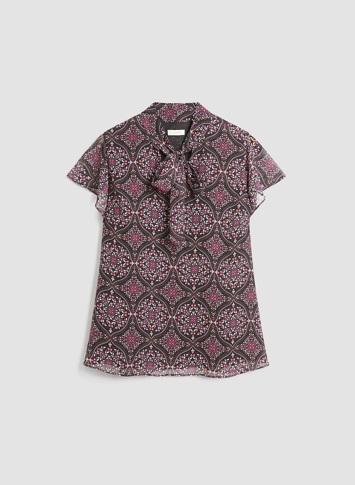 Medallion Print Tie Neck Blouse