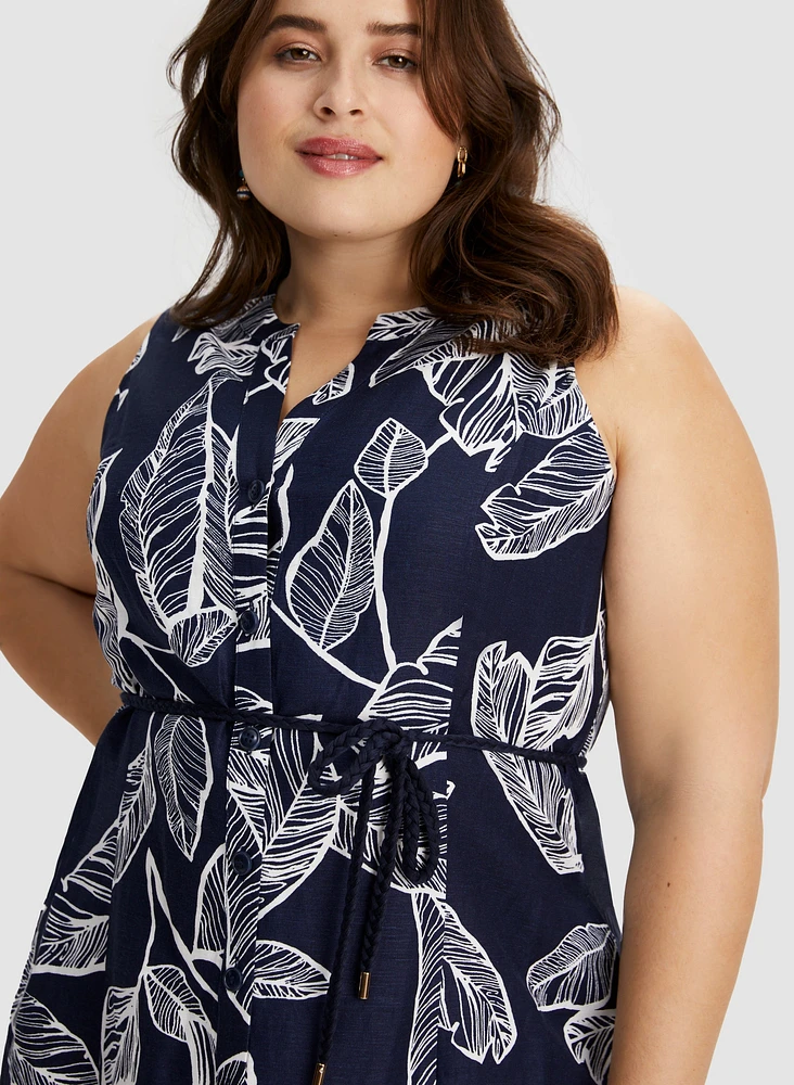 Leaf Print Linen Blend Dress