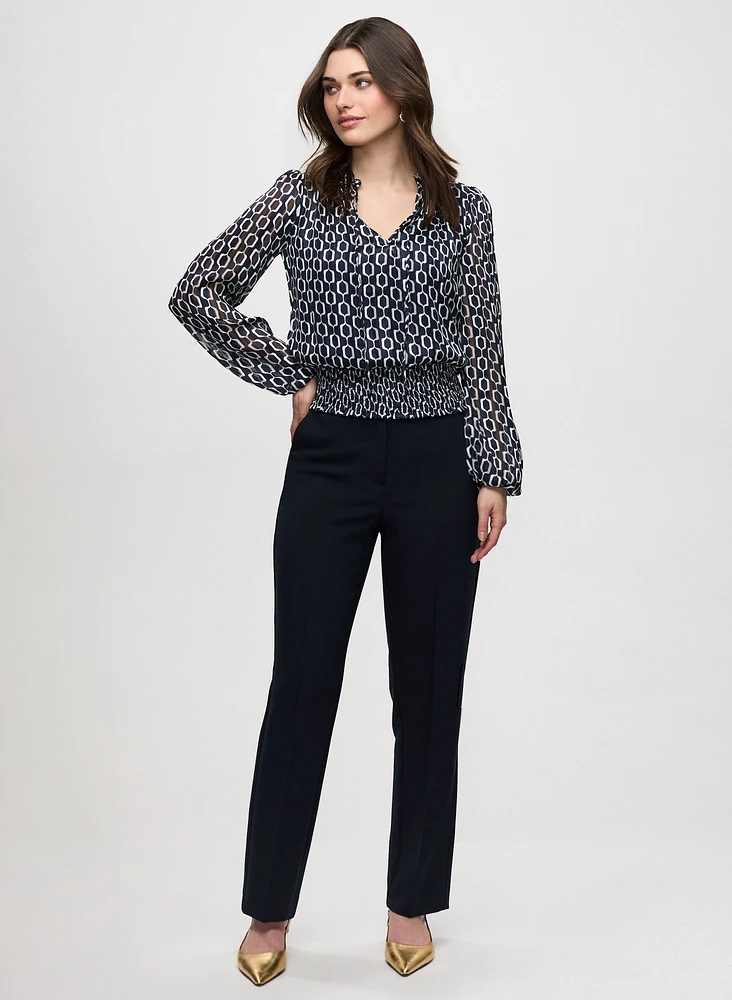 Smocked Waist Geometric Print Blouse & Straight Leg Pants