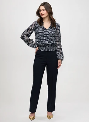 Smocked Waist Geometric Print Blouse & Straight Leg Pants