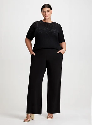 Wide Leg Pants & Rhinestone Motif Sweater