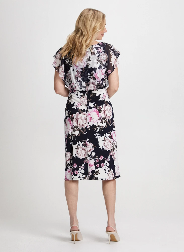 Rose Motif Flutter Sleeve Dress