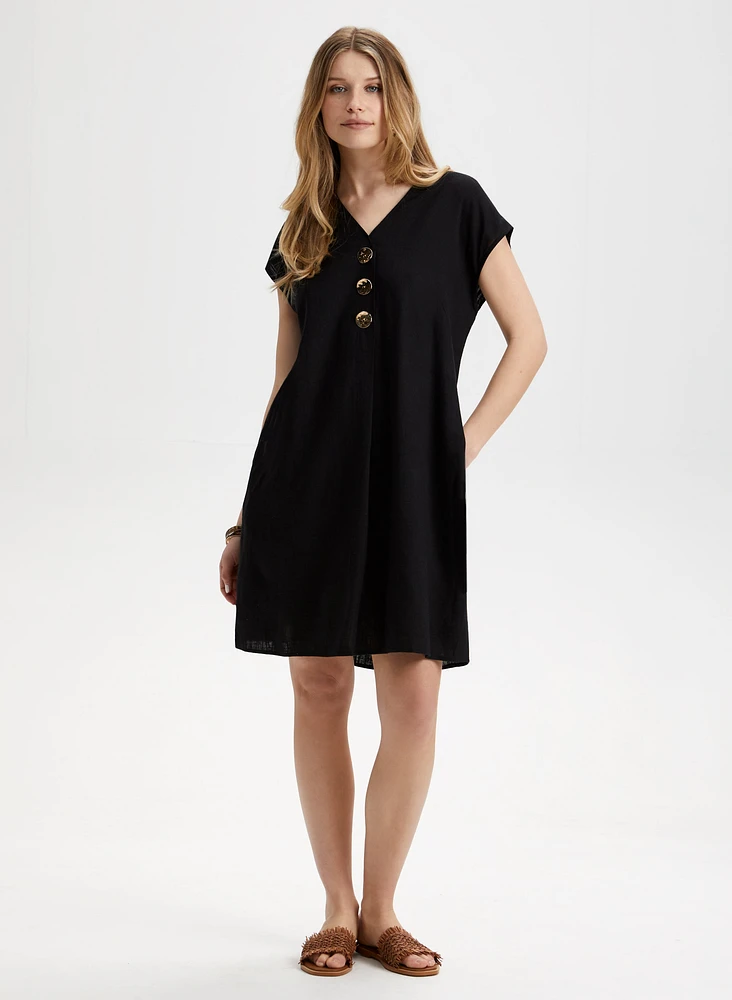 Linen Blend Button Front Dress