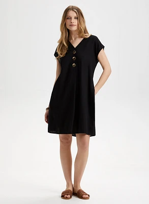 Linen Blend Button Front Dress