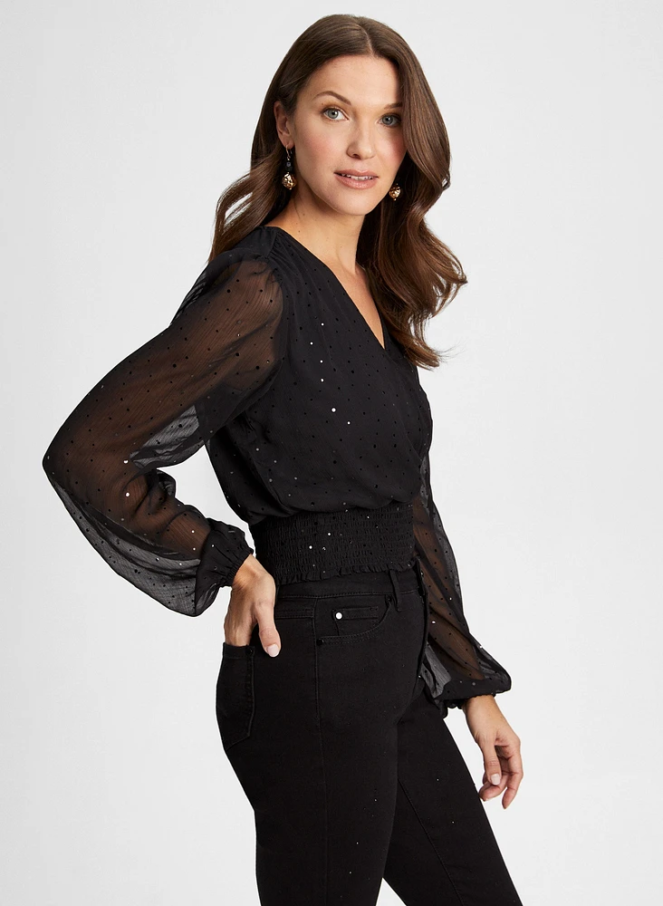 Sequin Detail Mesh Sleeve Top