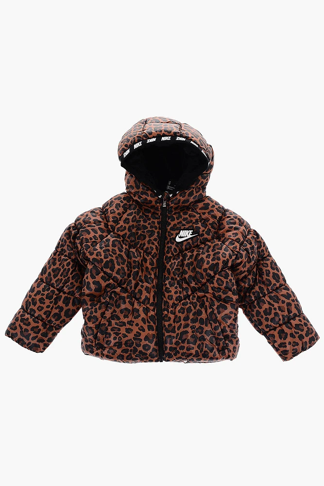 Nike Little Kids' Printed Hooded Puffer Jacket in Brown