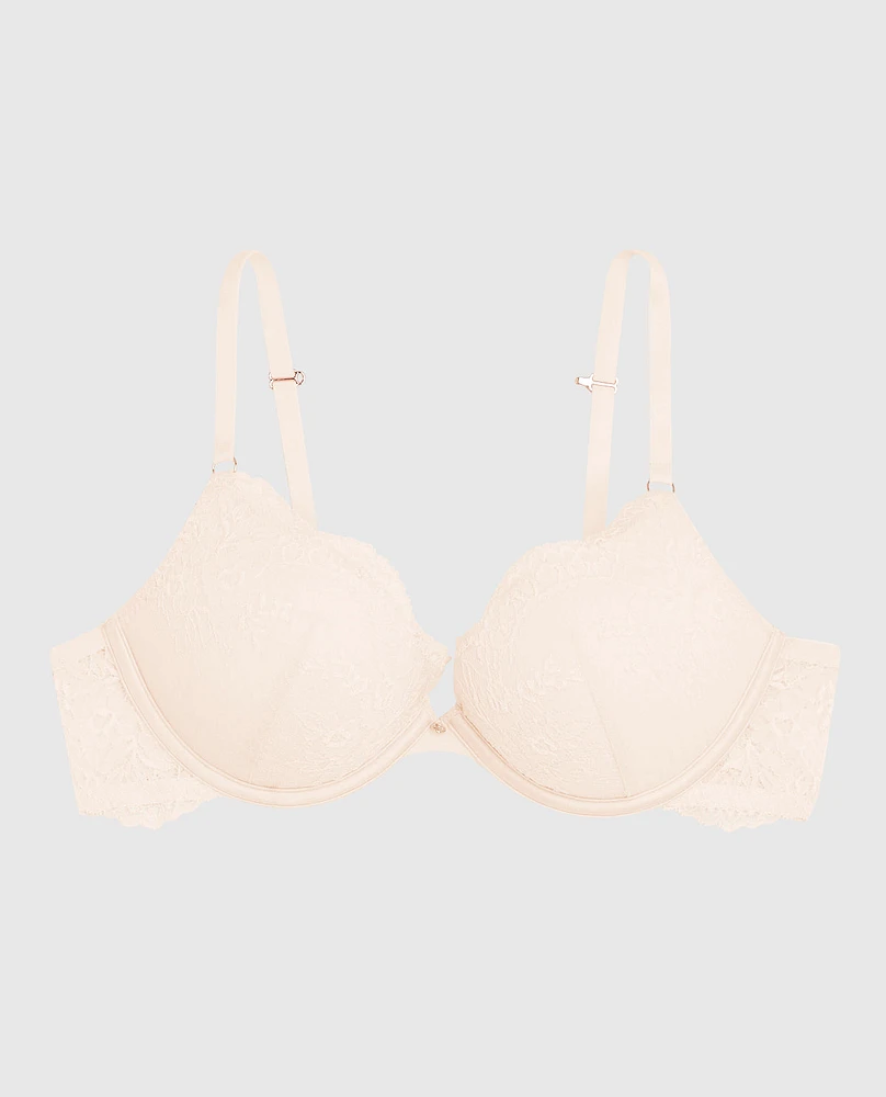 Soutien-gorge pigeonnant +2 tailles de bonnet tout en dentelle aube ivoire