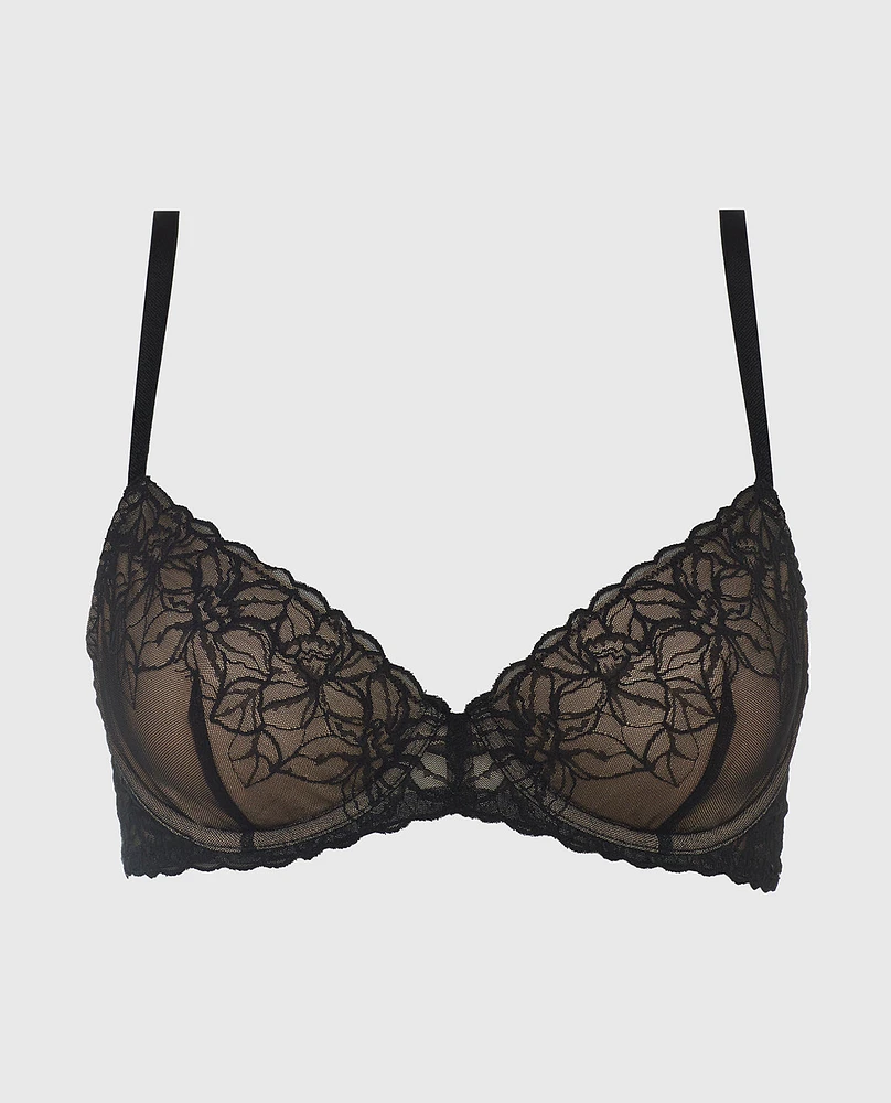 Unlined Lace Demi Bra Black and Blush