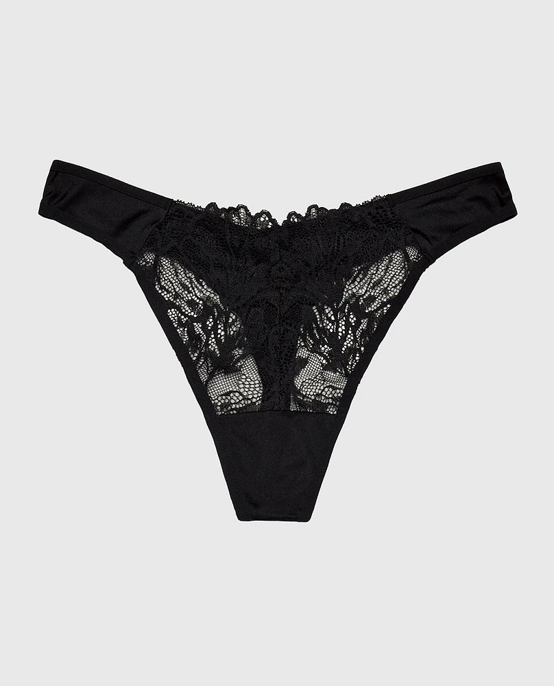 High Leg Lace Thong Panty Tuxedo Black
