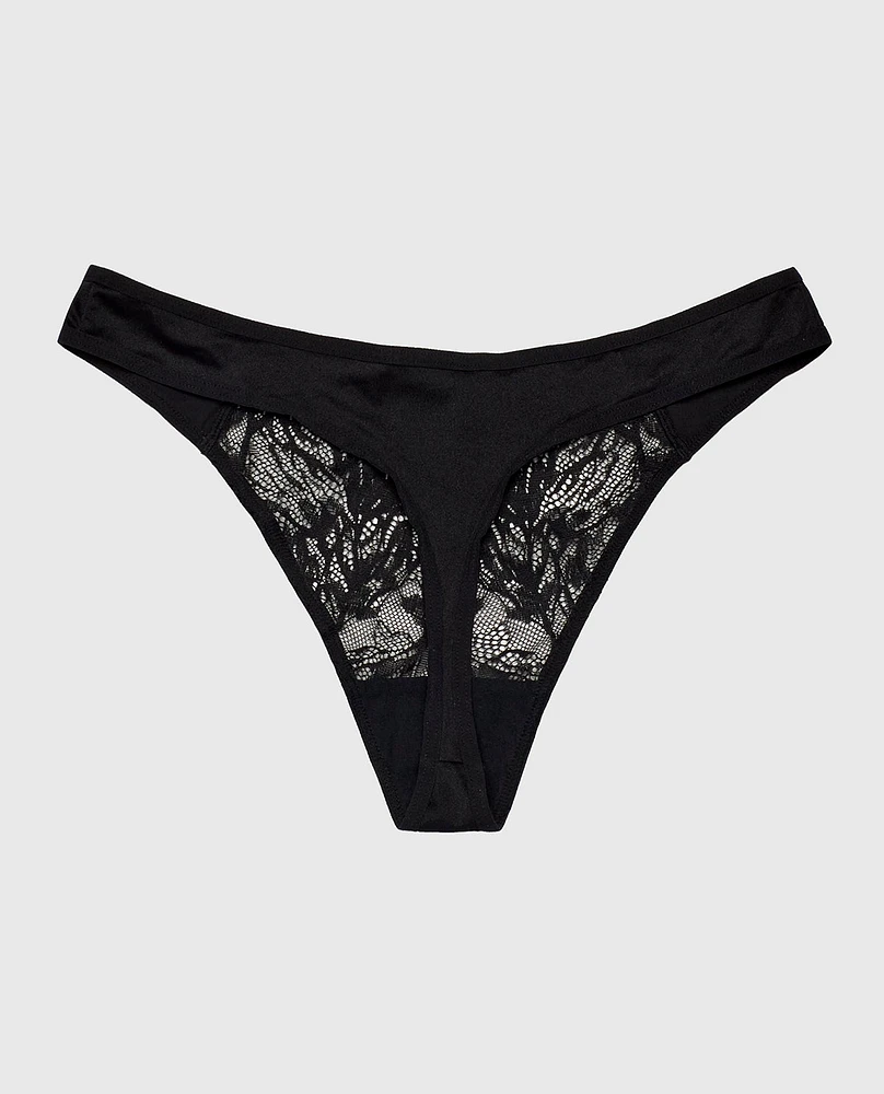High Leg Lace Thong Panty Tuxedo Black