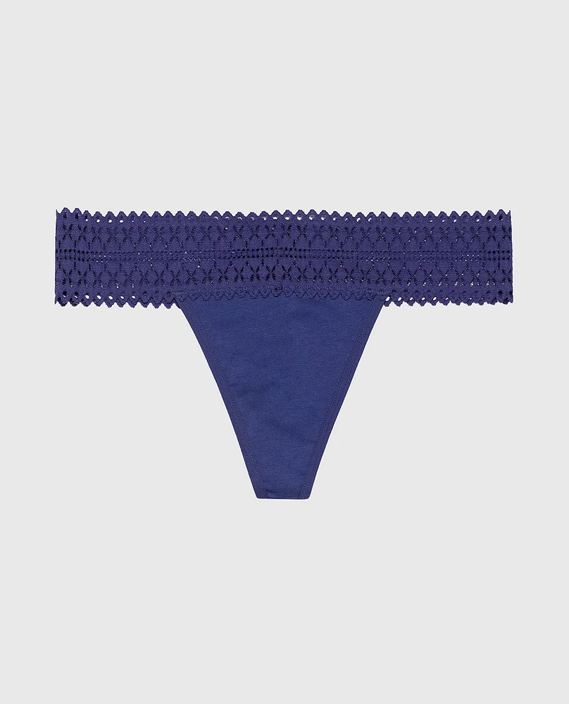 Thong Panty with Lace Trim Dusk Blue