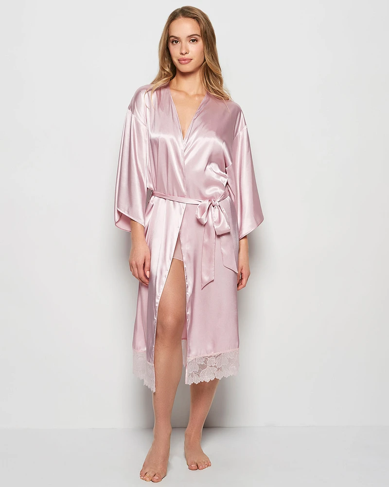 Satin Mid Length Robe with Lace Iced Lilac