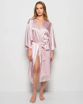 Satin Mid Length Robe with Lace Iced Lilac
