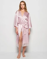 Satin Mid Length Robe with Lace Iced Lilac