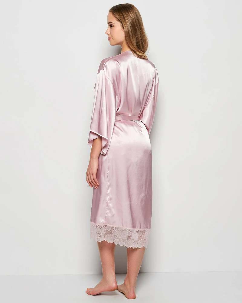 Satin Mid Length Robe with Lace Iced Lilac