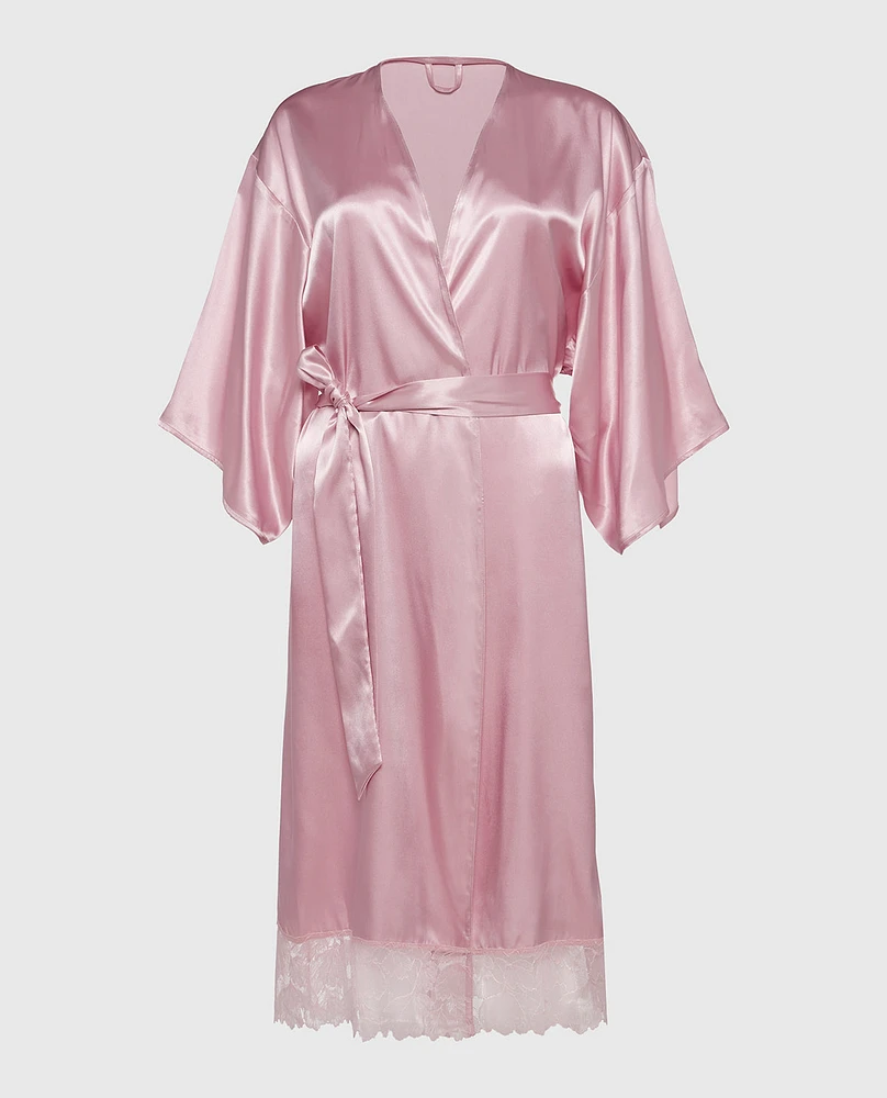 Satin Mid Length Robe with Lace Iced Lilac