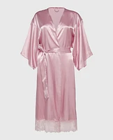 Satin Mid Length Robe with Lace Iced Lilac