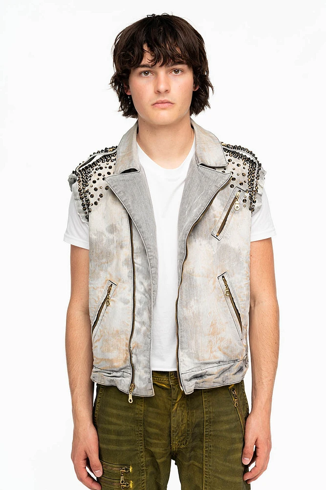 MENS RAW EDGE BIKER VEST JOSEPH BLACK WITH STUDS AND CRYSTALS