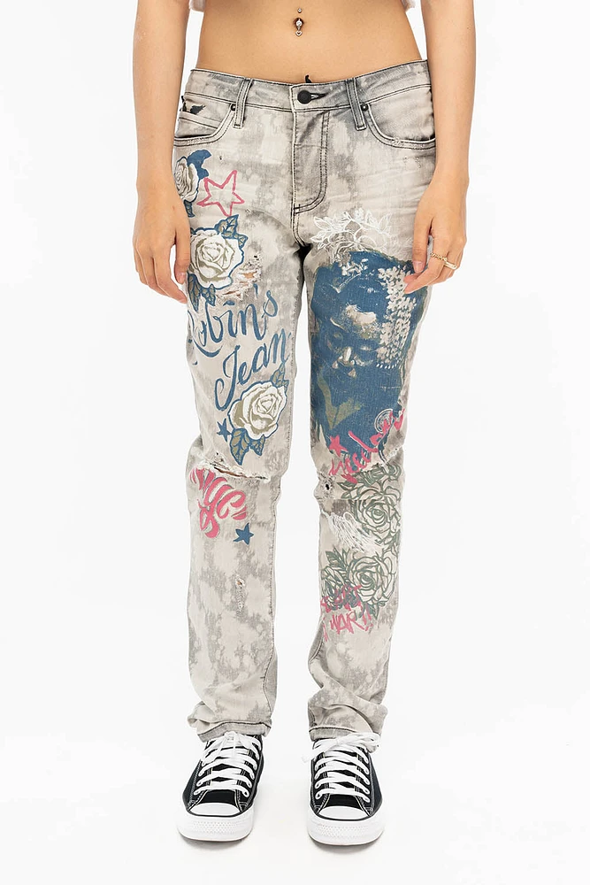 BOYFRIEND STYLE WOMENS JEANS MARCEL BLACK WASH WITH GEISHA PRINT