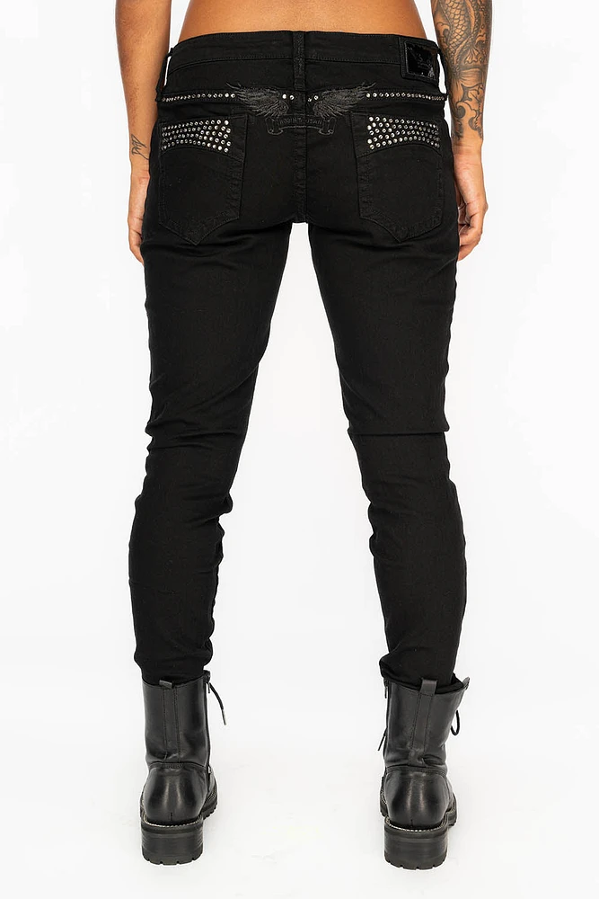 MARILYN WOMENS DISTRESSED & REPAIRED STUDDED SKINNY JEANS BLACK WITH WINGS AND CLEAR CRYSTALS