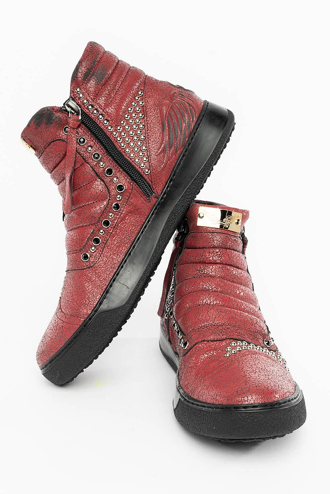 MENS MID TOP BIKER SHOES CRACKLED RED LEATHER WITH CRYSTALS AND STUDS EMBELLISHMENT