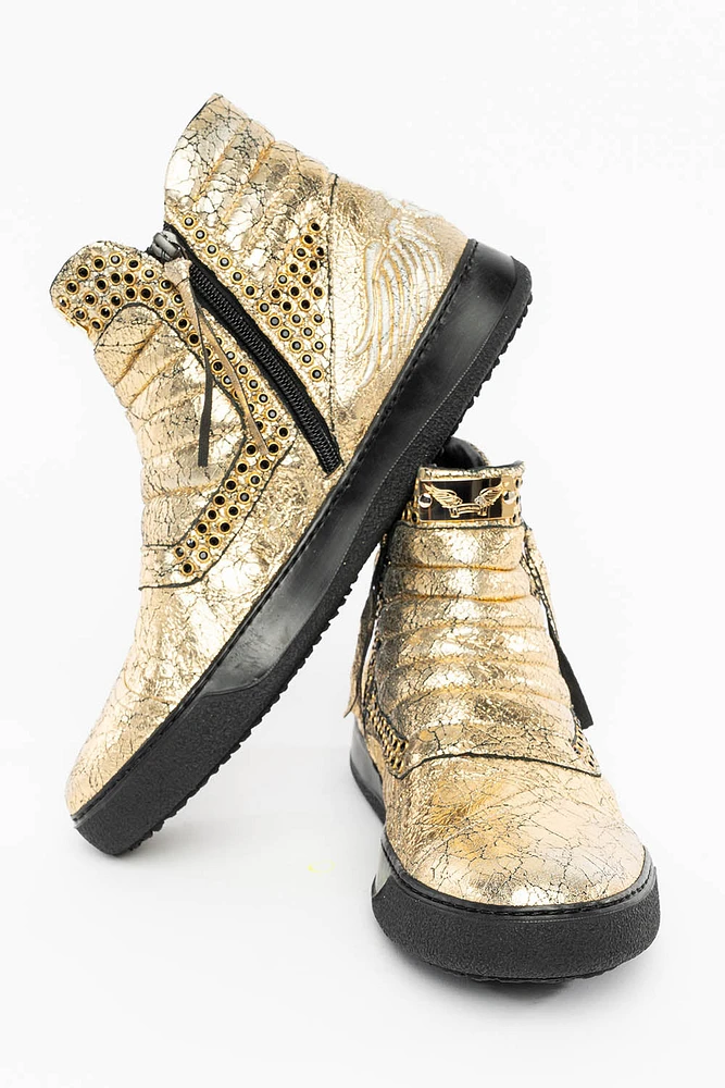 MENS MID TOP BIKER SHOES CRACKLED GOLD LEATHER WITH CRYSTAL EMBELLISHMENT